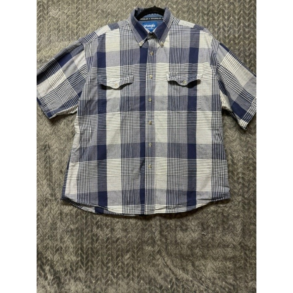 Wrangler Western Shirts Mens Blue White Plaid Short Sleeve Button Down XL 0502